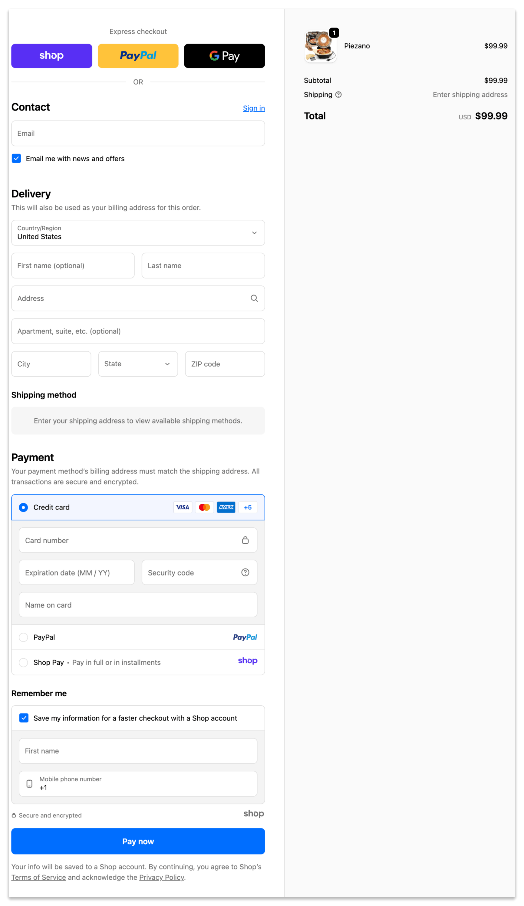 Piezano pizza oven checkout page